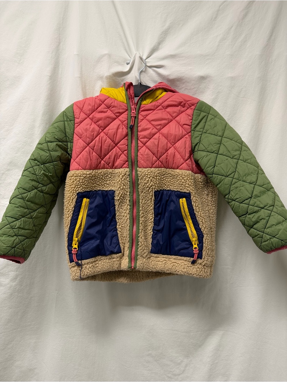 Mini Boden Multi-Color Quilted & Sherpa Jacket - Pink, Green, Navy